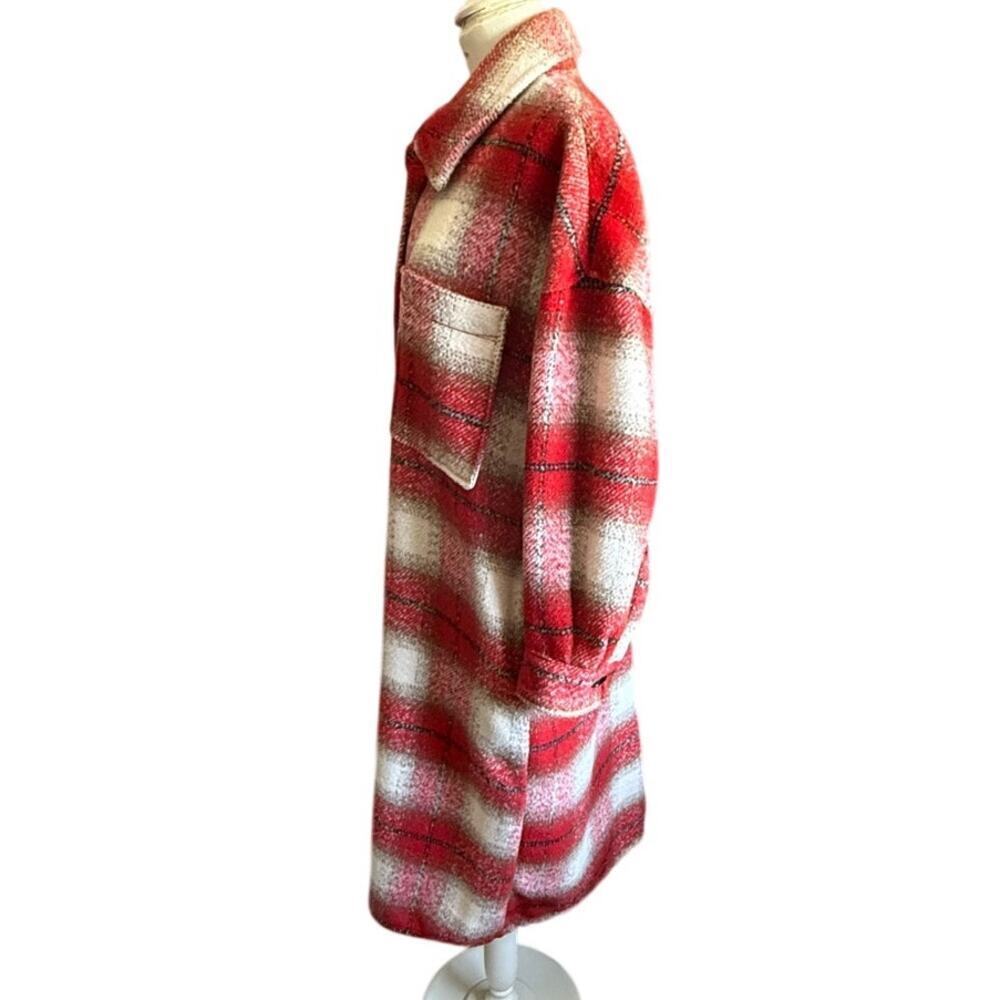 Mango Plaid Shirt Coat Red Black Cream Oversized Shacket Women’s M/L Wool Blend - Picture 3 of 11